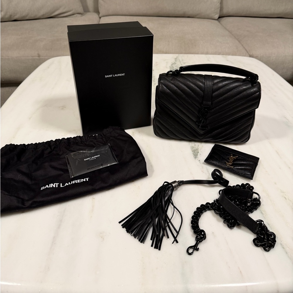 College Medium Flap YSL Shoulder Bag in Quilted Leather with YSL Card Holder